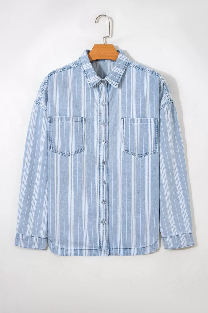 Striped denim shacket with chest pockets and raw hem