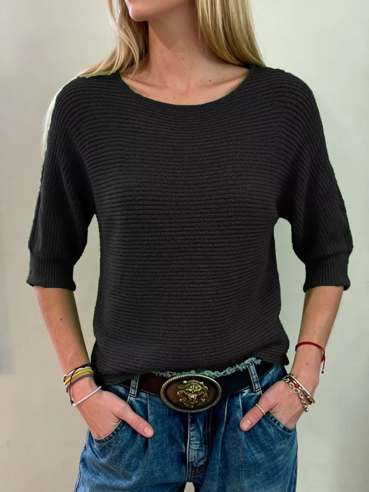 Black Ribbed knit round neck sweater with dolman sleeves