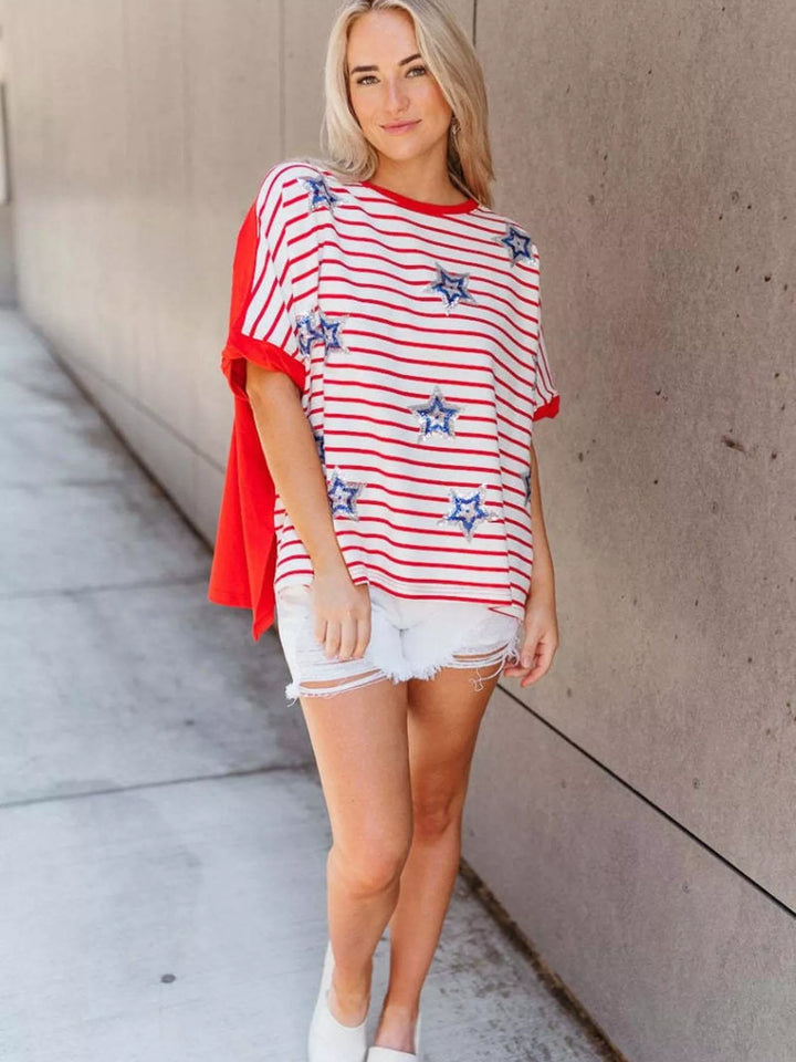 Red Patriotic stripe sequin star short-sleeve t-shirt