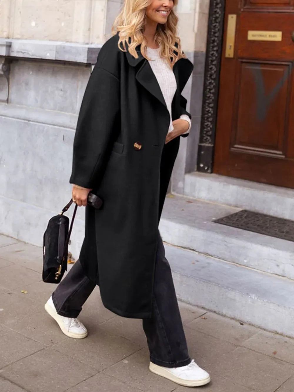 Longline collared trench coat with patch pockets