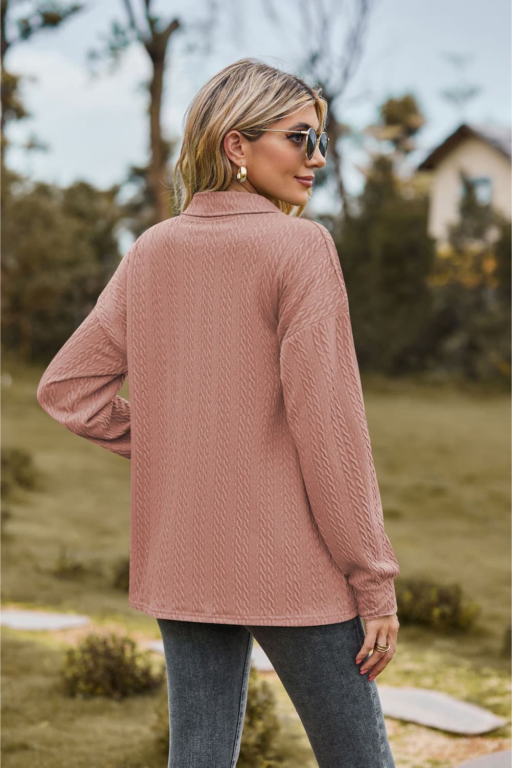 Textured knit collared top with half-button placket