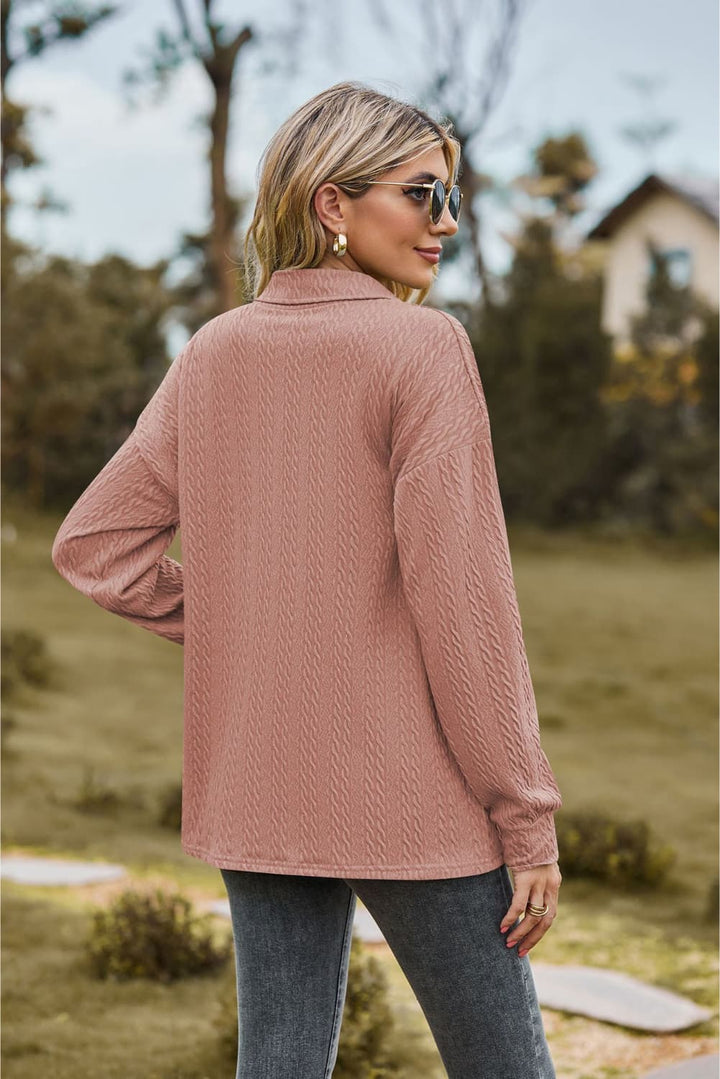 Textured knit collared top with half-button placket
