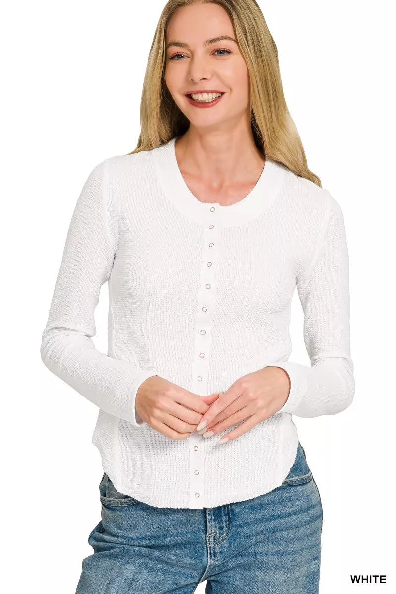 Waffle knit snap button top with long sleeves