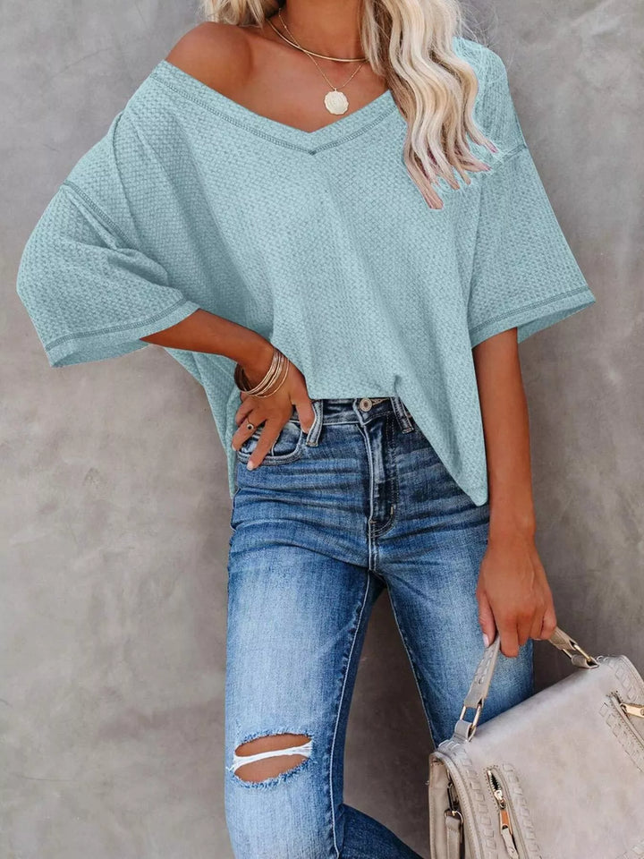 Waffle knit v-neck drop shoulder short sleeve tee