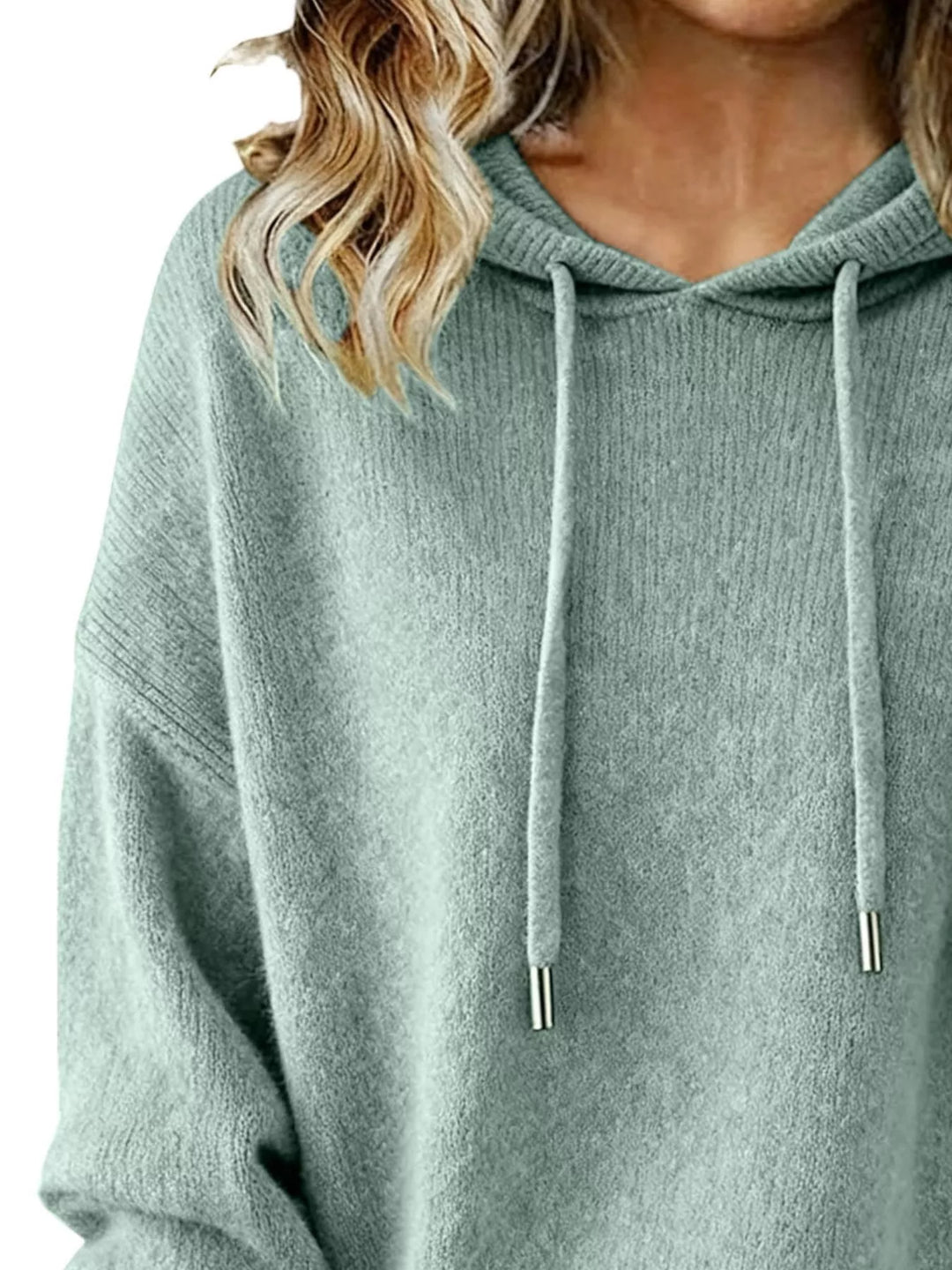 Drawstring hooded knit sweater with ribbed cuffs