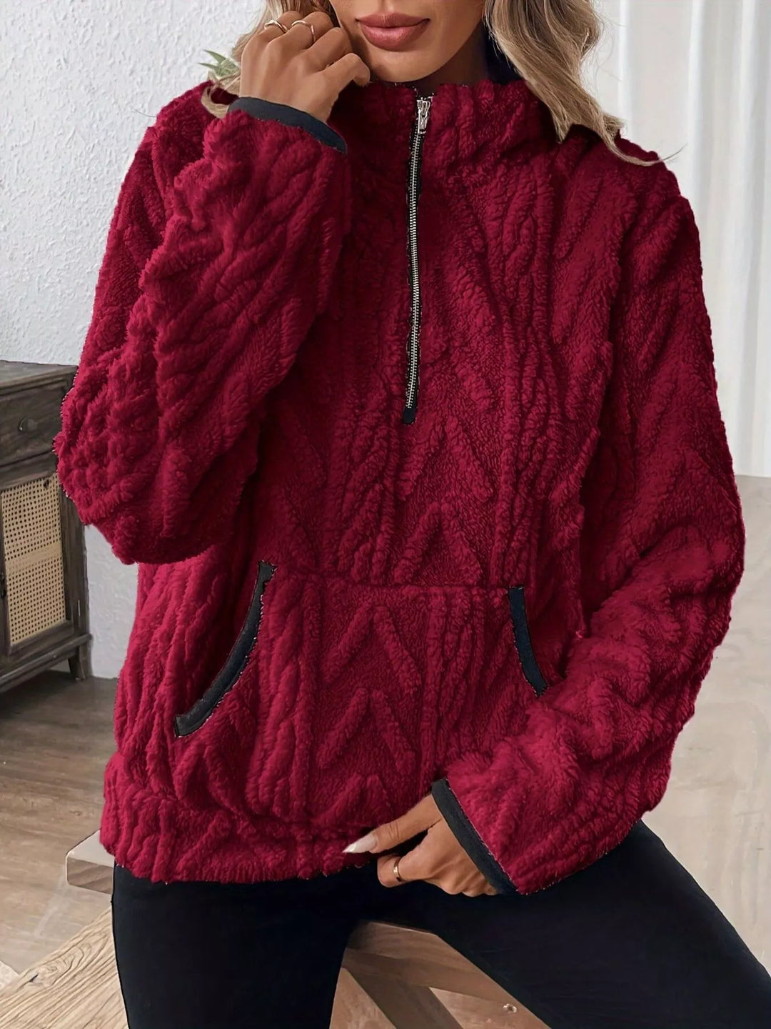Burgundy Textured fleece half-zip pullover with kangaroo pocket