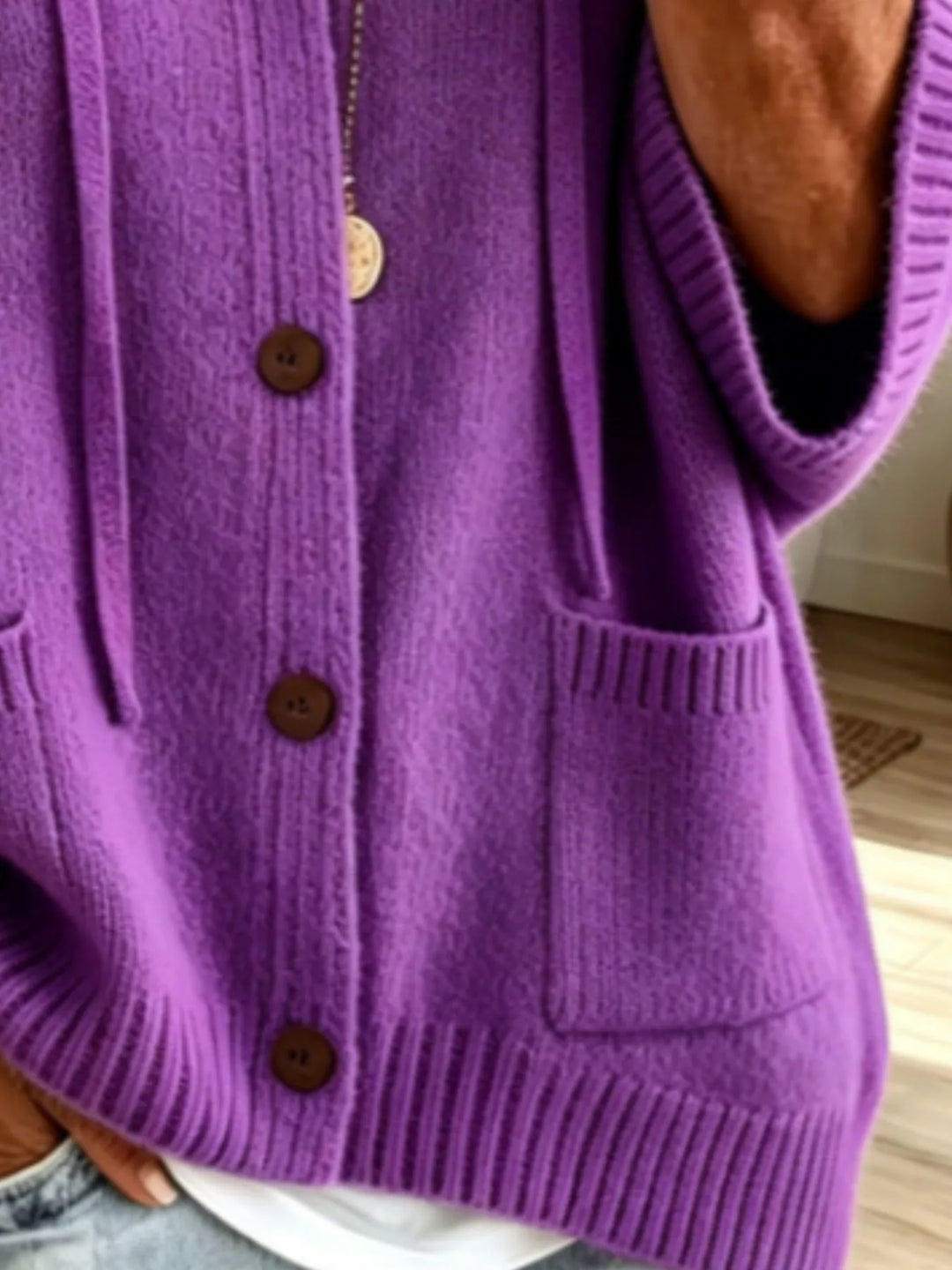 Hooded button-down knit cardigan with patch pockets