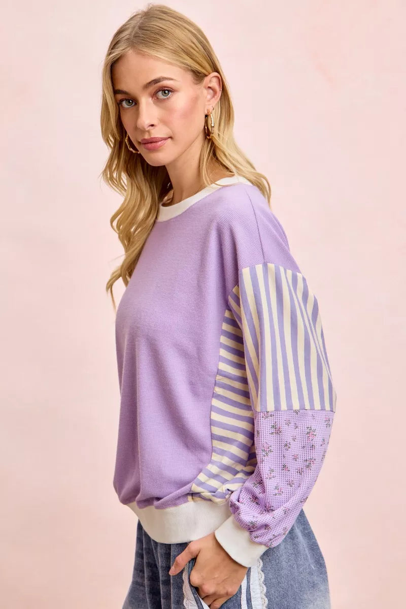 Mix-print waffle knit sweatshirt with striped and floral sleeves