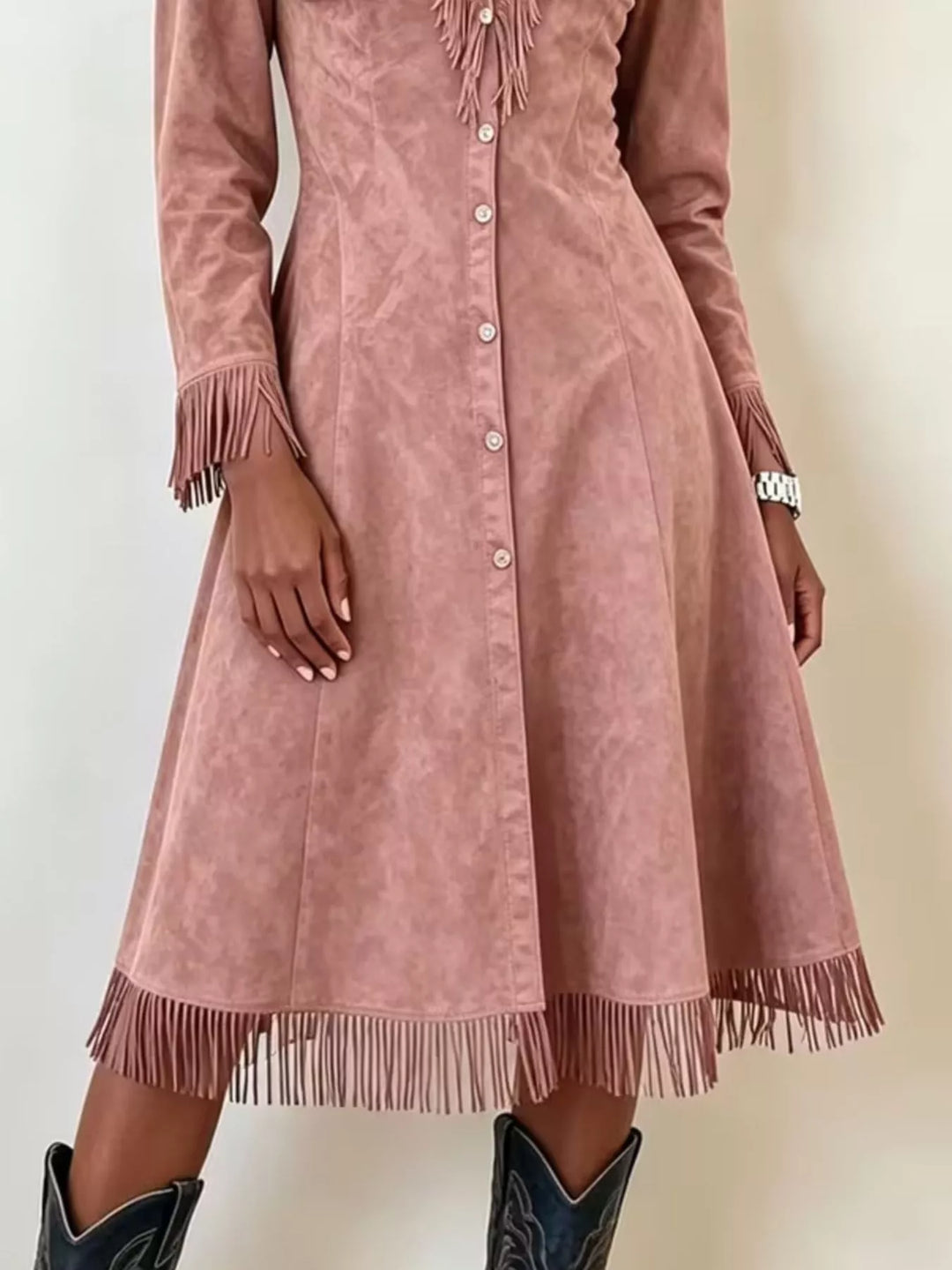 Fringe-trim faux suede button-down midi shirt dress