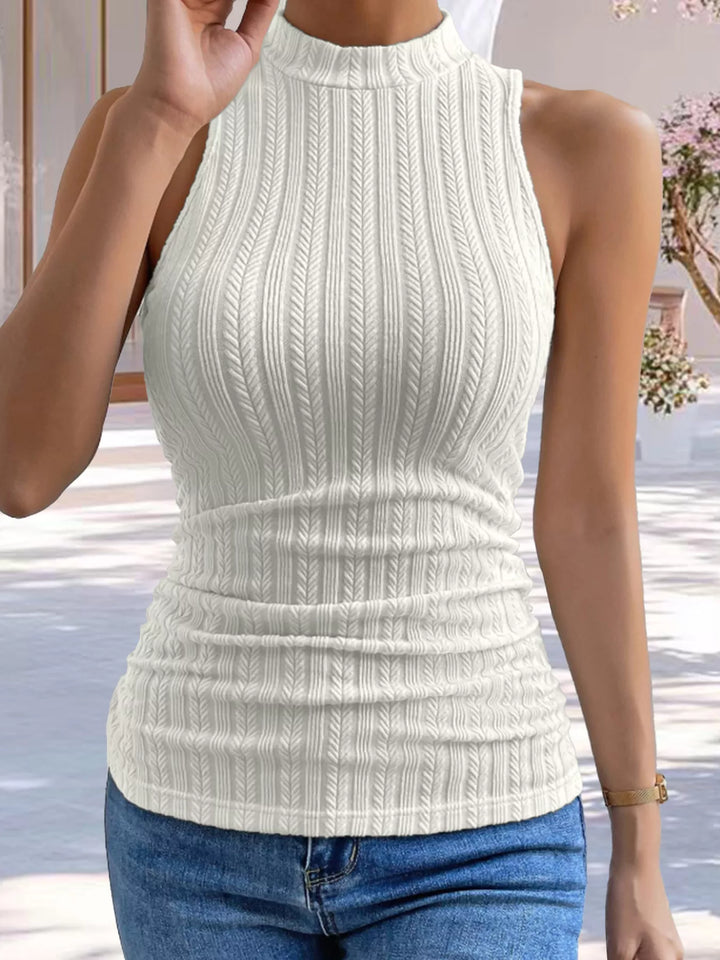 White Ribbed texture mock neck sleeveless tank top