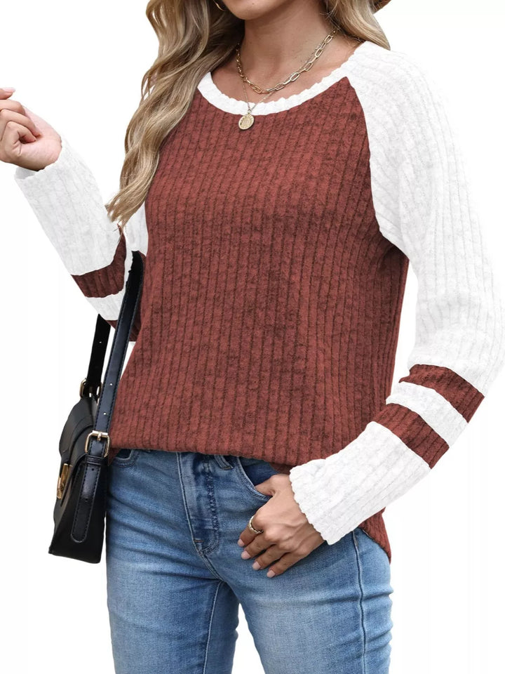 Caramel Ribbed knit raglan long sleeve top with varsity stripe sleeves