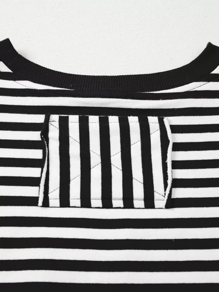 Exposed seam striped drop-shoulder pullover top