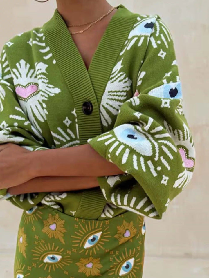 Evil eye print dropped shoulder button-down knit cardigan