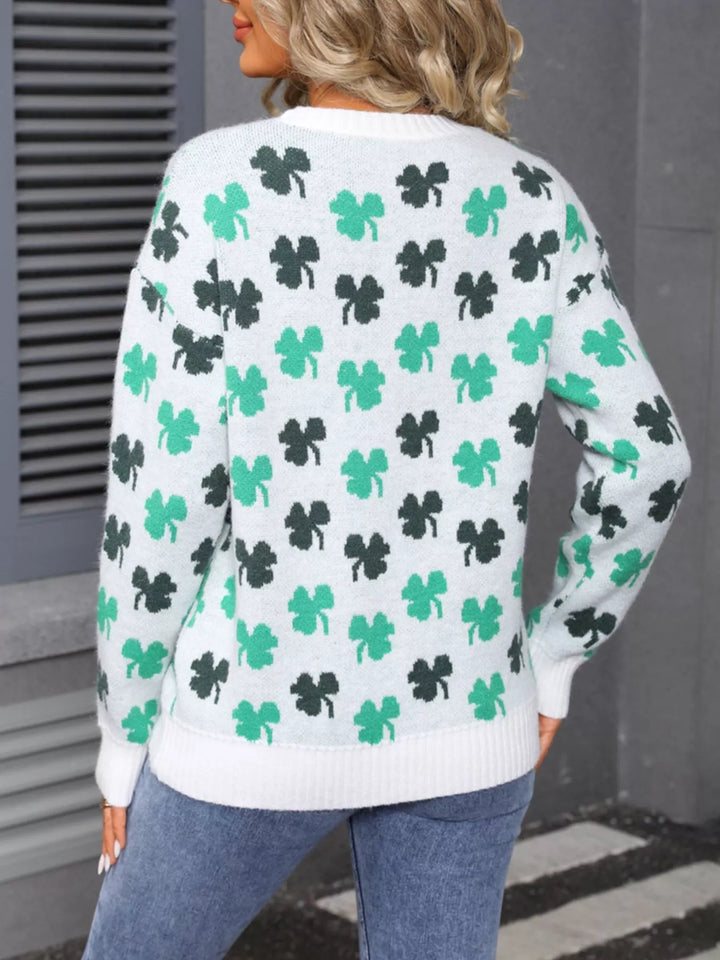 Shamrock print crew neck knit sweater