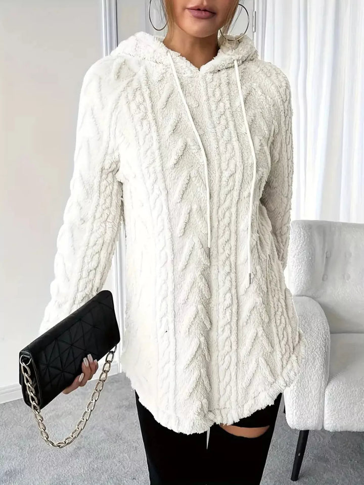 Gray/white Textured cable-knit fleece pullover hoodie with drawstring