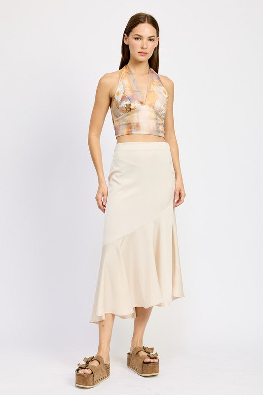 Cascada Asymmetrical Ruffle Hem Midi Skirt in TAUPE - midi, mini - front view