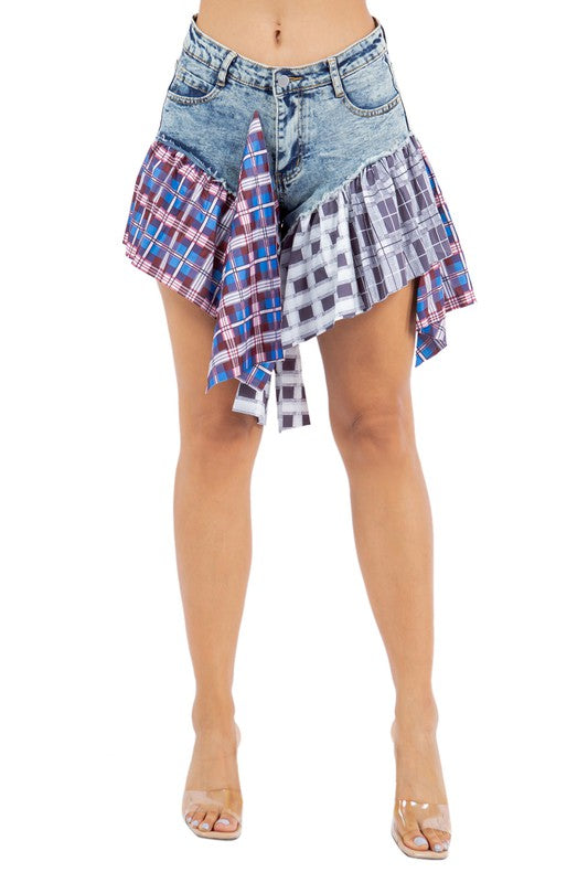 Cascade Ruffle Denim Shorts With Plaid Detail in LIGHT DENIM - ruffle, denim - detail view