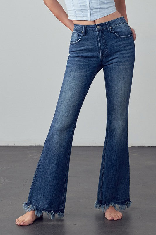 Catalina High Rise Frayed Hem Flare Jeans in DARK - maxi, denim - front view