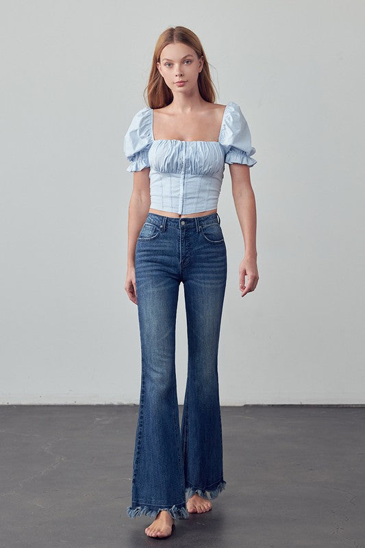 Catalina High Rise Frayed Hem Flare Jeans in DARK - maxi, denim - detail view