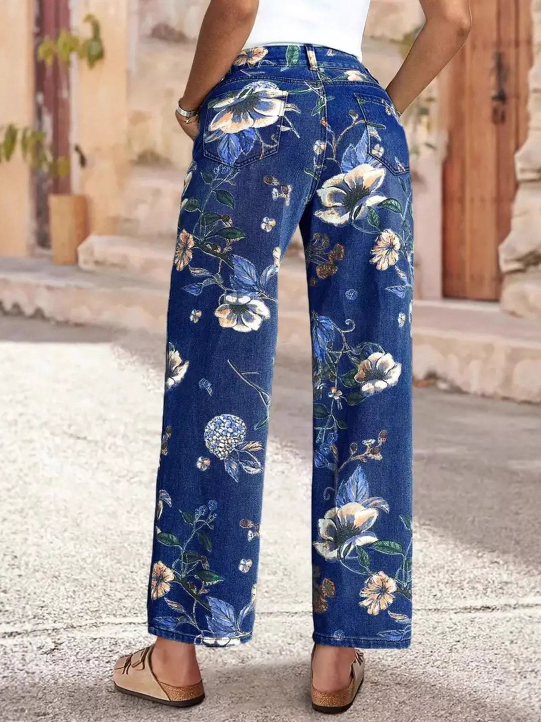 High-rise wide-leg jeans with floral print