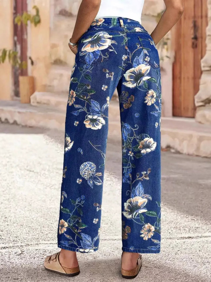 High-rise wide-leg jeans with floral print