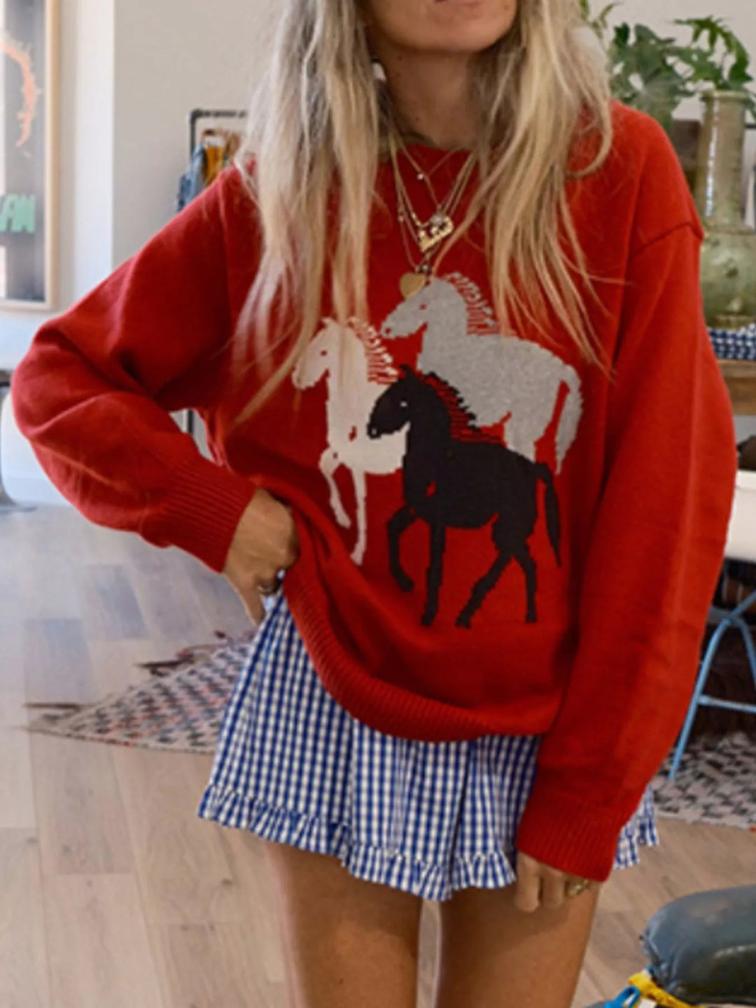 Horse graphic long sleeve crew neck knit sweater