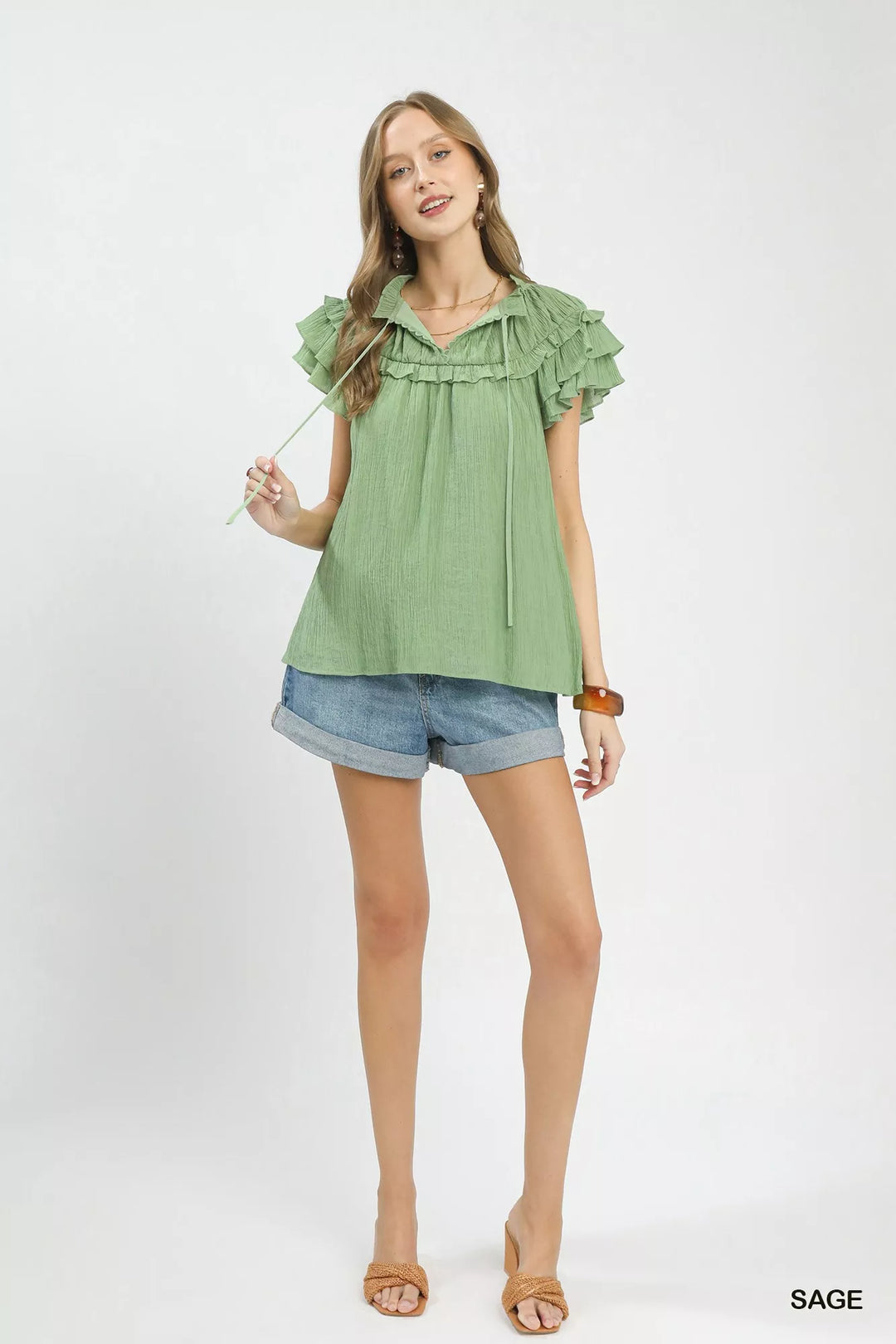 Tiered ruffle flutter sleeve tie-neck textured blouse