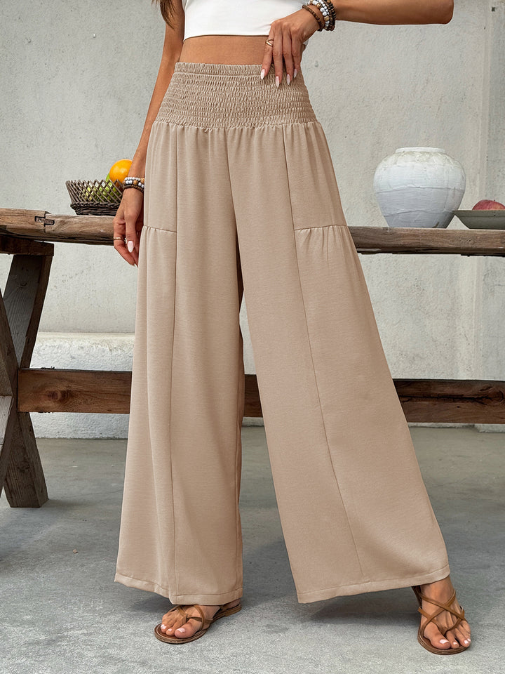 Khaki Smocked high-waist wide-leg cotton pants with pockets