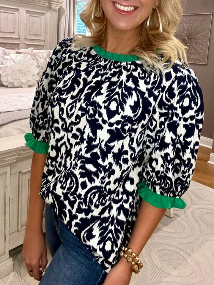 Ruffle contrast trim damask print puff sleeve blouse