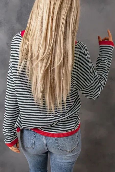 Contrast-trim striped drop-shoulder long sleeve knit top