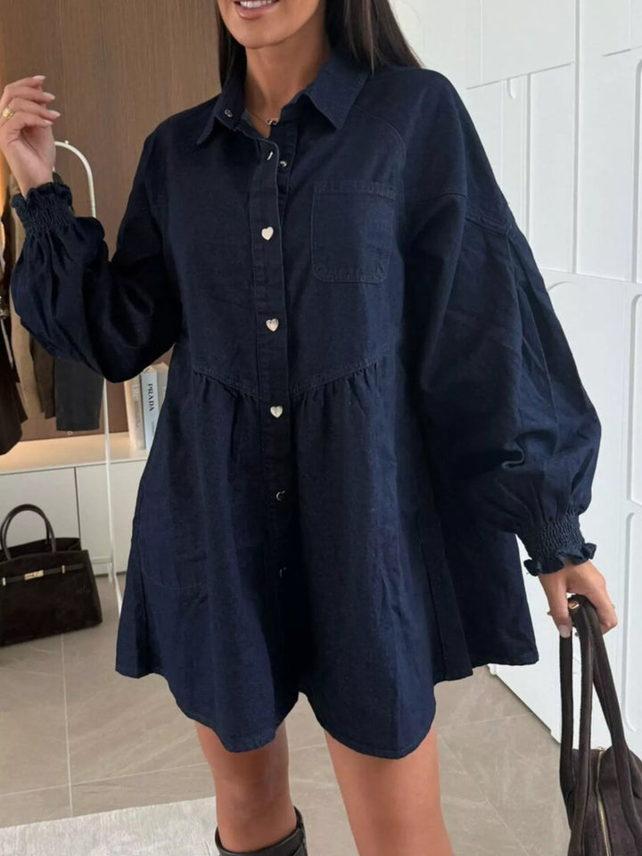 Dark Blue Button-down denim shirt dress with puff sleeves and pockets