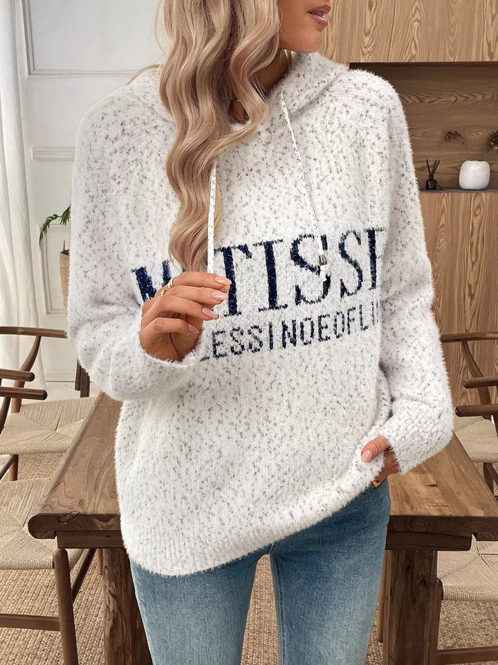 Fuzzy knit letter graphic hooded sweater with drawstring