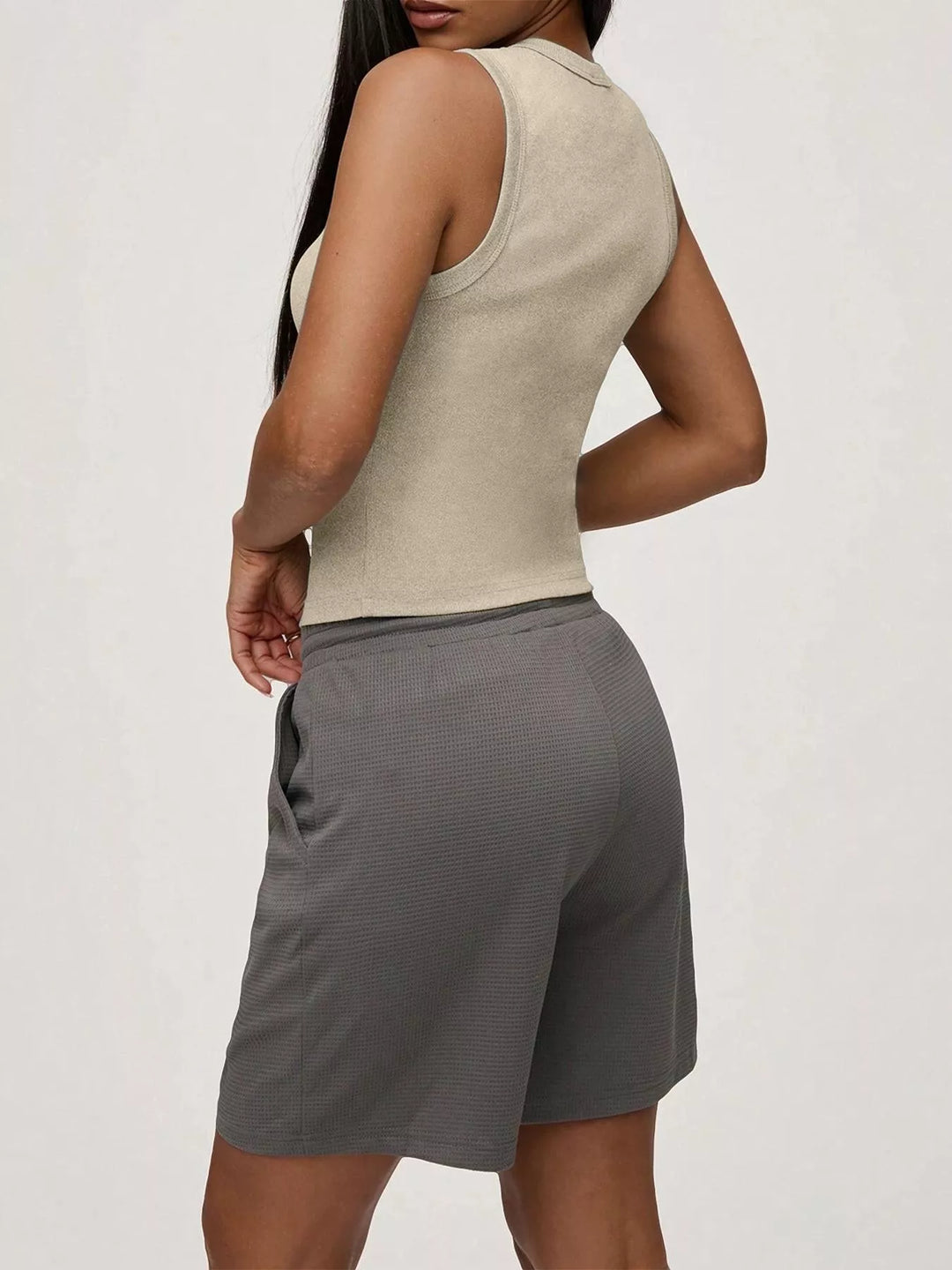 Ribbed mock-neck button-front sleeveless tank