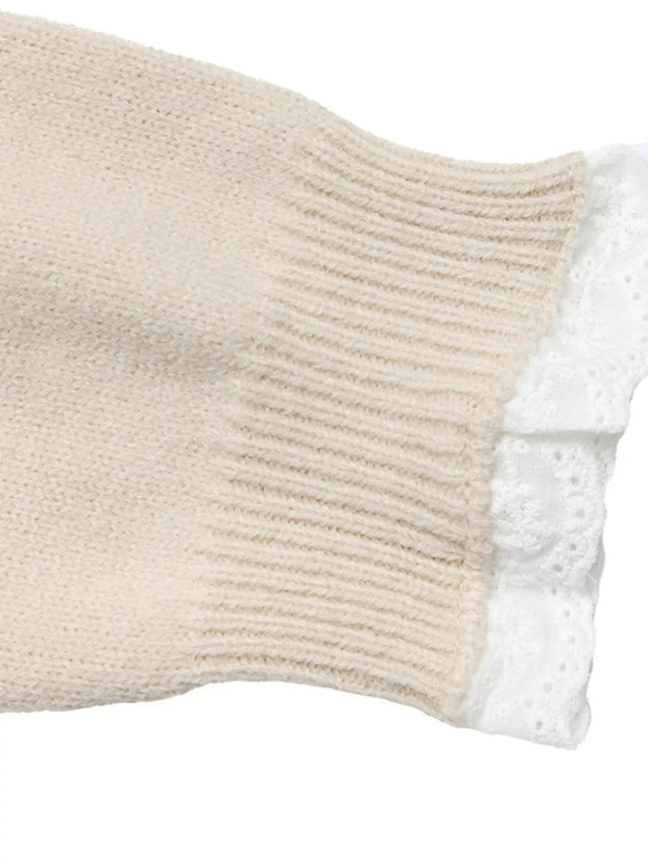 Lace trim crew neck knit sweater with ribbed cuffs