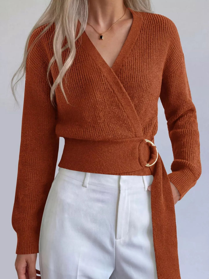 Caramel Ribbed knit wrap sweater with gold O-ring belt tie