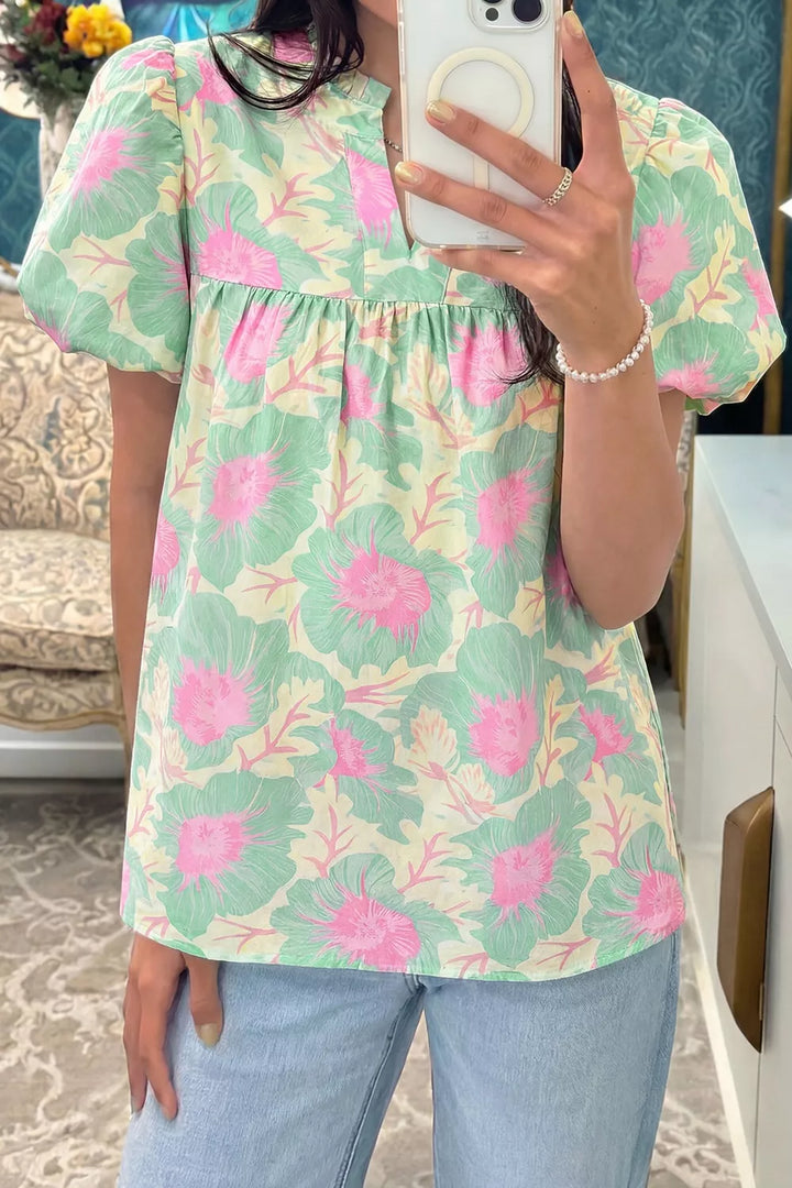 Sage Floral print puff sleeve blouse with split neck