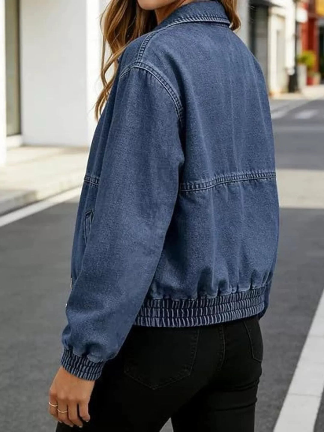 Zip-front washed denim bomber jacket with ribbed hem
