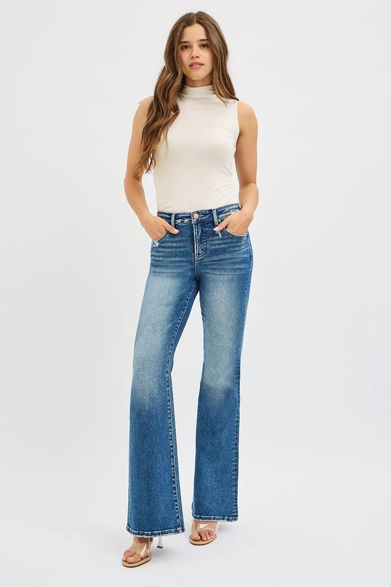 High-rise tummy control flare jeans with distressed waist