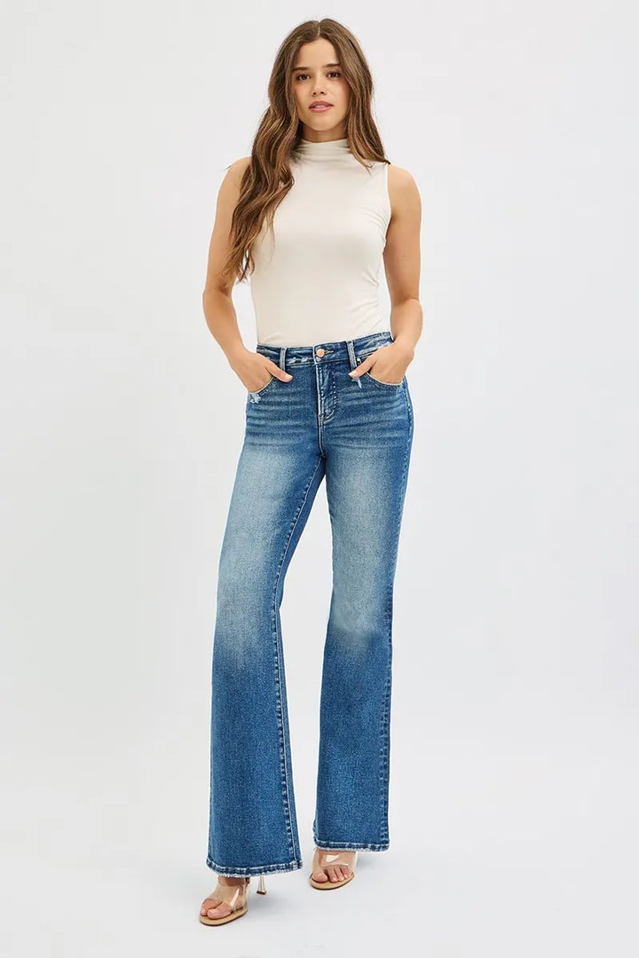 High-rise tummy control flare jeans with distressed waist