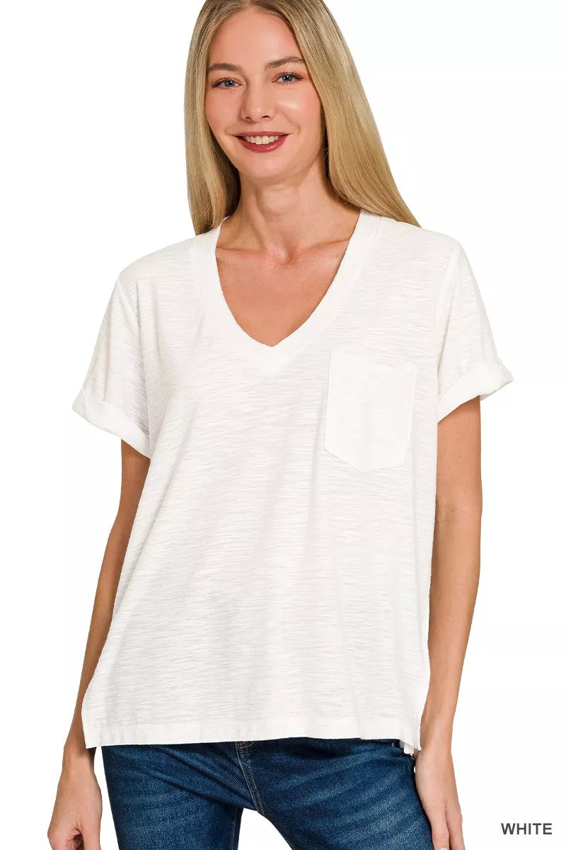 WHITE Slub knit V-neck tee with rolled sleeves and chest pocket