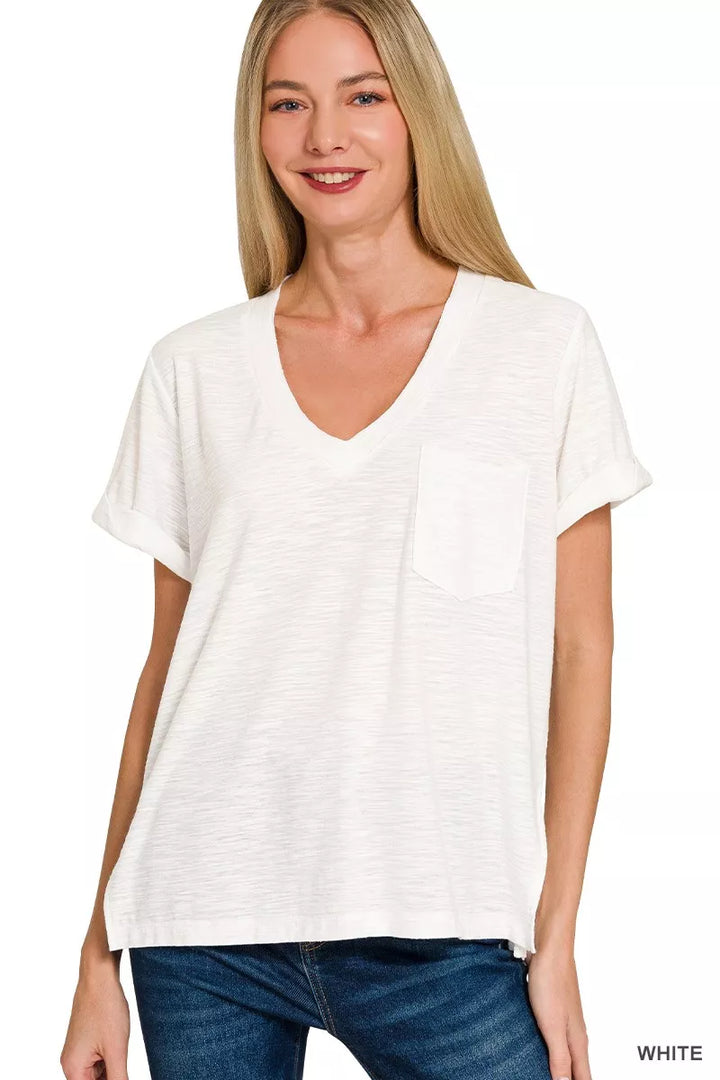 WHITE Slub knit V-neck tee with rolled sleeves and chest pocket