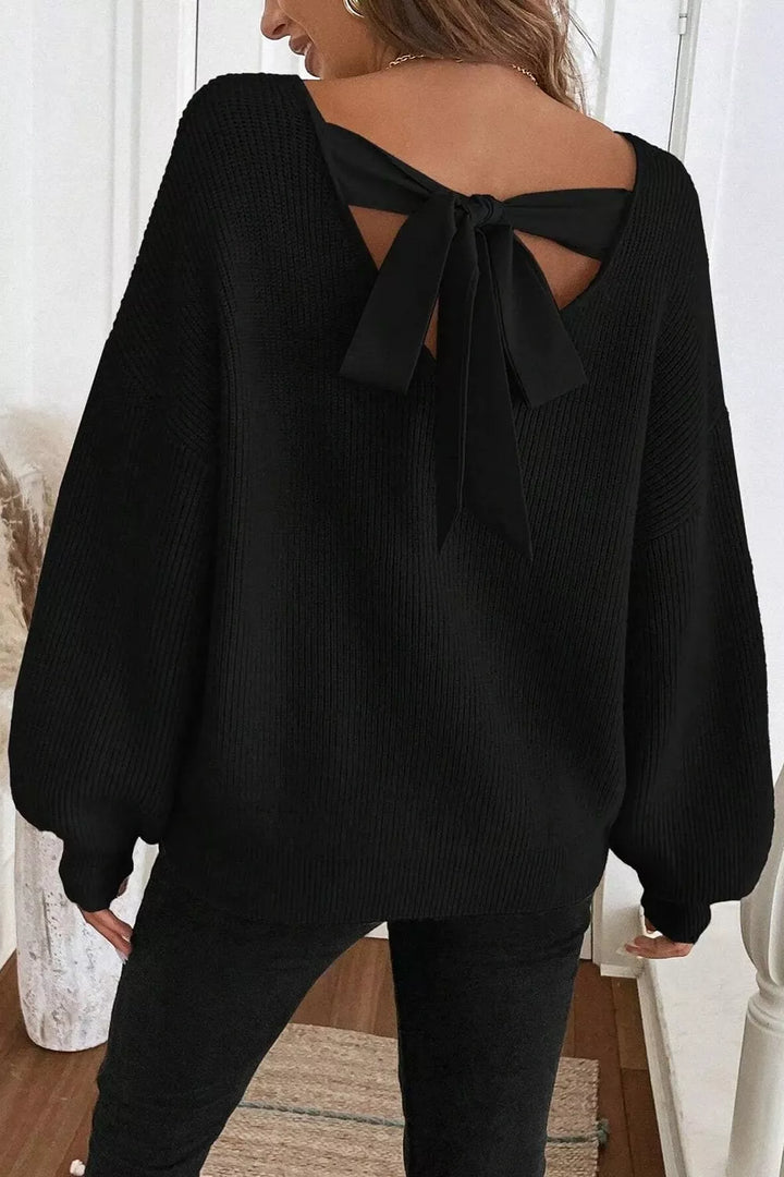 Ribbed knit drop-shoulder sweater with bow-tie open back