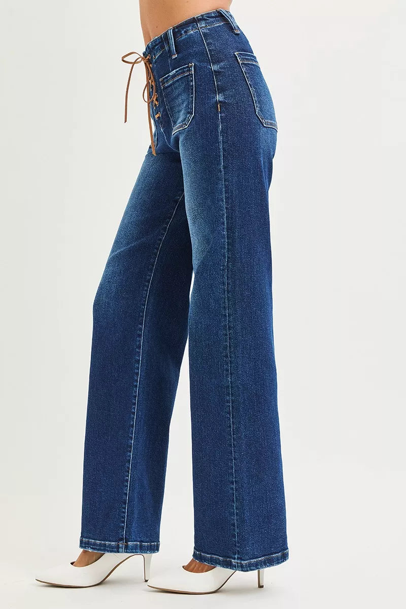 Lace-up front high rise wide leg jeans with patch pockets