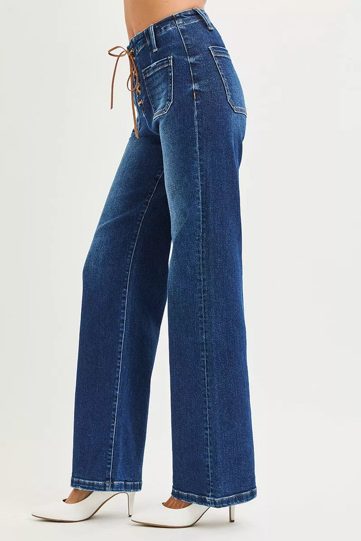 Lace-up front high rise wide leg jeans with patch pockets