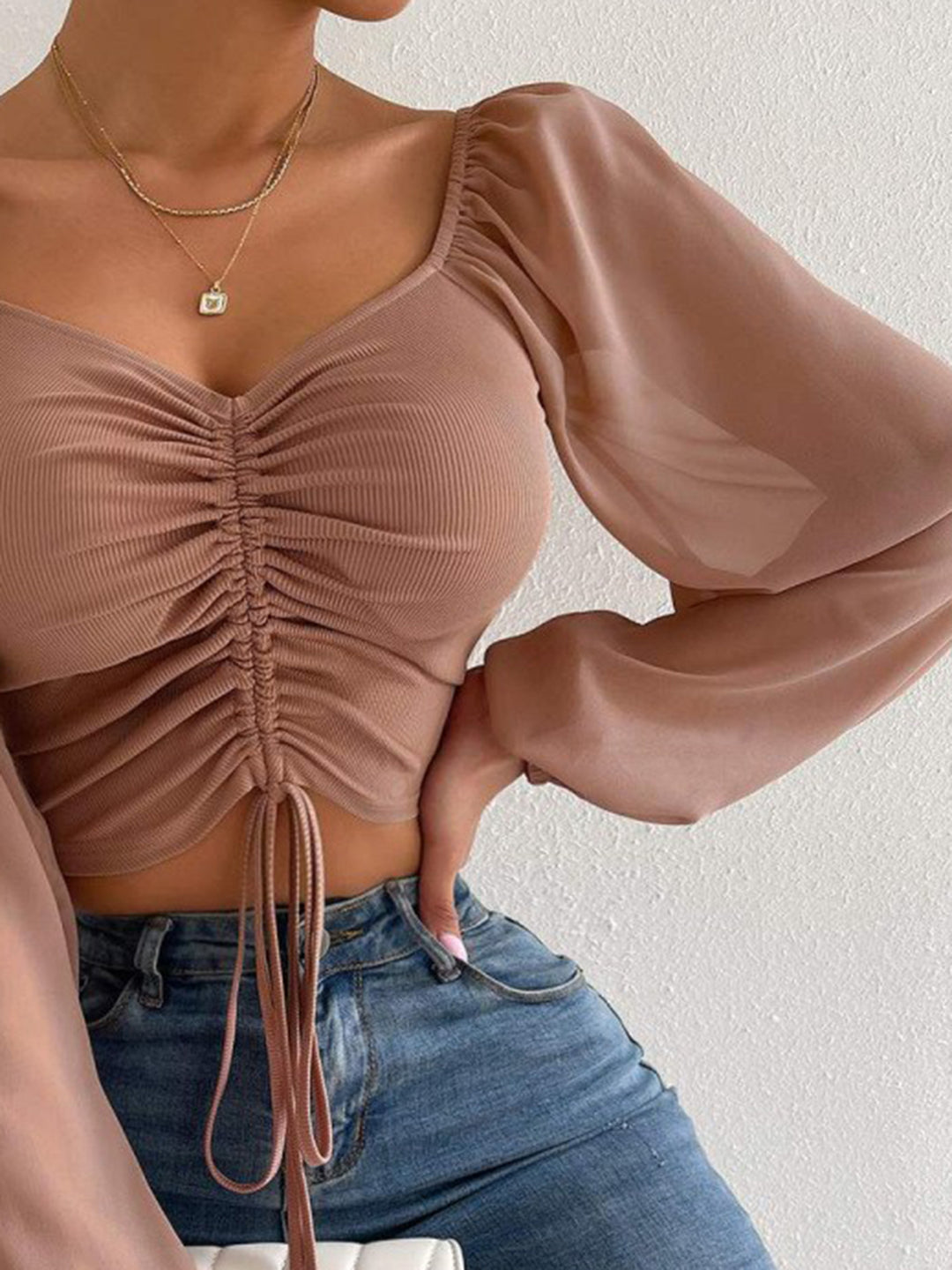 Drawstring sweetheart neck crop top with sheer sleeves
