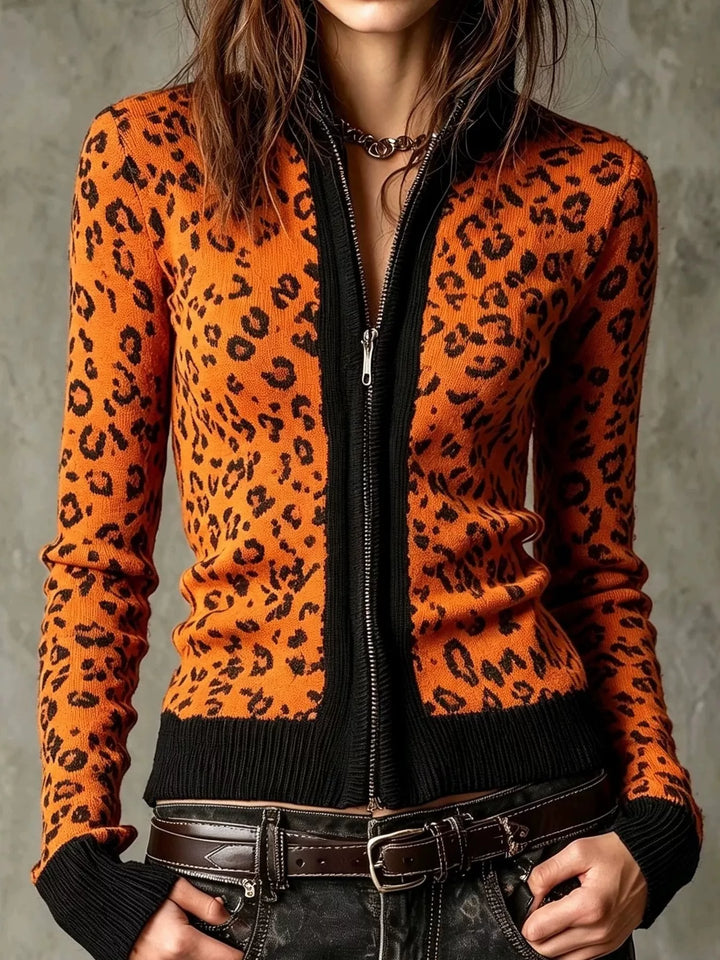 Tangerine Leopard print zip-up knit cardigan with ribbed trim