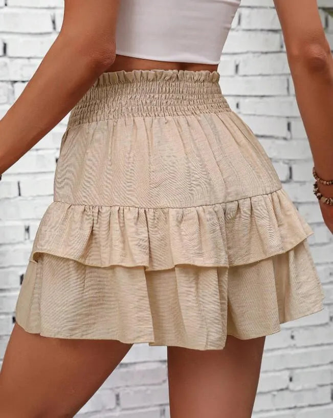 Tiered ruffle high-waist smocked skort with built-in shorts