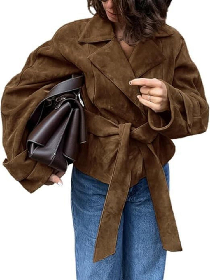 Brown Faux suede tie-waist cropped jacket with lapel collar