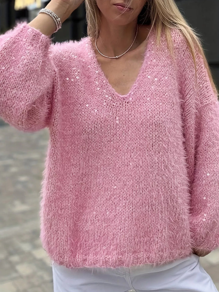 Fuzzy sequin knit V-neck pullover sweater