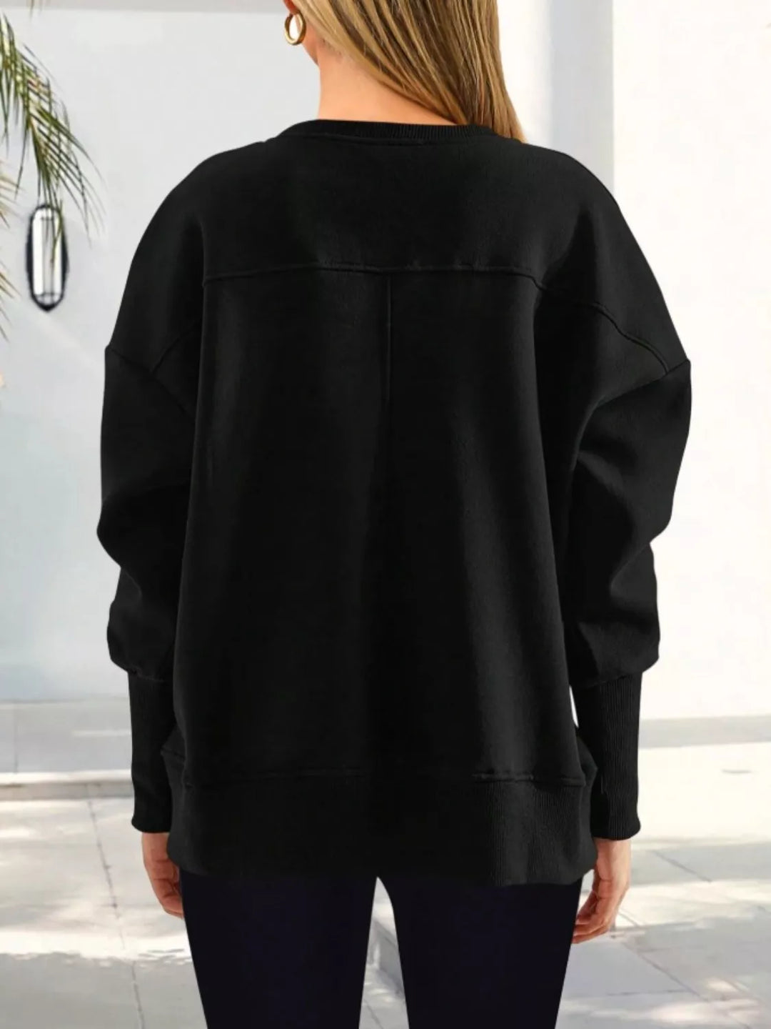 Side slit drop-shoulder relaxed crewneck sweatshirt